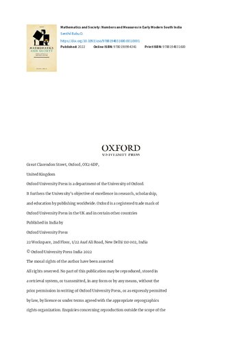 Mathematics and Society: Numbers and Measures in Early Modern South India