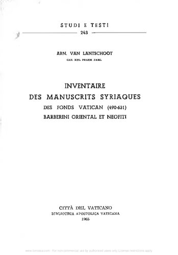 Inventaire des mss. syriaques des fonds Vatican (460-631), Barberini Oriental et Neofiti