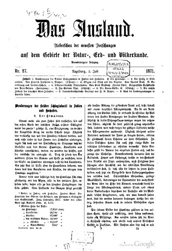 Das Ausland. Überschau der neuesten Forschungen auf dem Gebiete der Natur-, Erd- und Völkerkunde