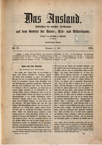 Das Ausland. Überschau der neuesten Forschungen auf dem Gebiete der Natur-, Erd- und Völkerkunde