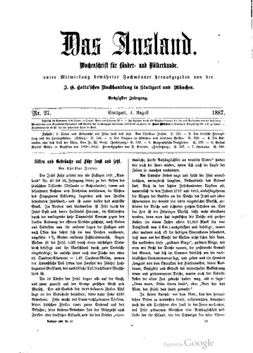 Das Ausland. Überschau der neuesten Forschungen auf dem Gebiete der Natur-, Erd- und Völkerkunde