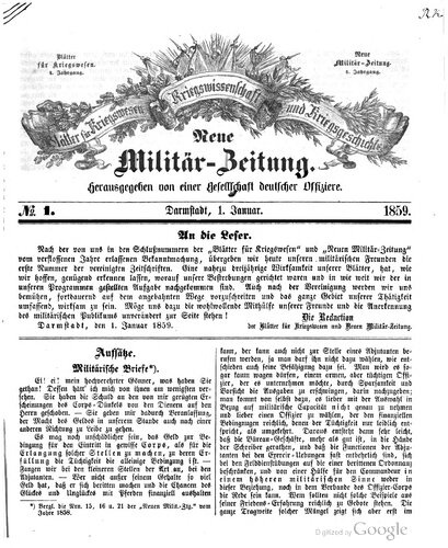 Neue Militär-Zeitung / Blätter für Kriegswesen, Kriegswissenschaft und Kriegsgeschichte