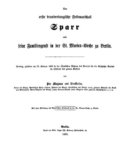 Der erste brandenburgische Feldmarschall Sparr und seine Familiengruft in der St. Marien-Kirche zu Berlin