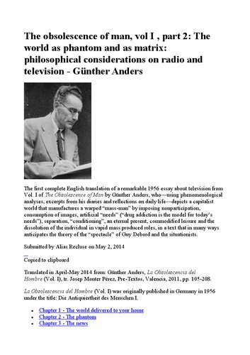 The Obsolescence of Man, vol. I, part 2: The World as Phantom and as Matrix: Philosophical Considerations on Radio and Television