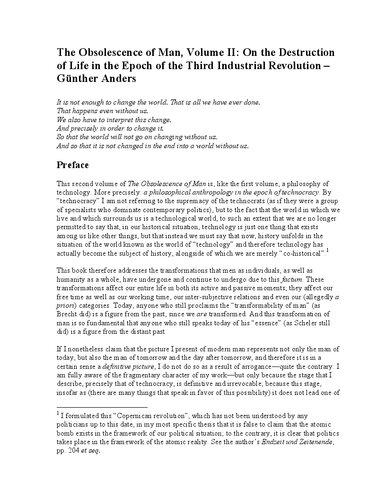 The Obsolescence of Man, Vol. II: On the Destruction of Life in the Epoch of the Third Industrial Revolution