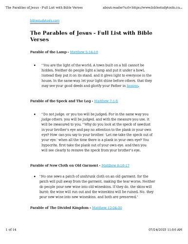 The Parables of Jesus : Full List