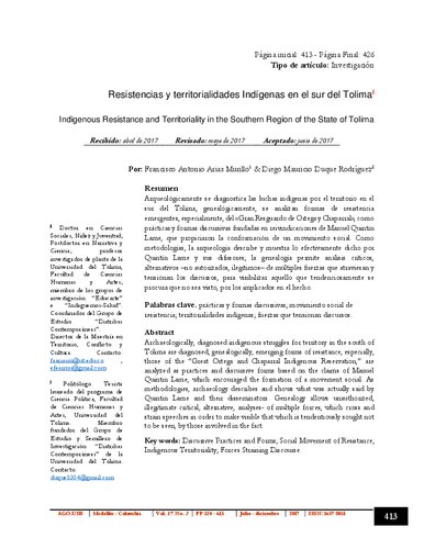 Resistencias y territorialidades indígenas en el sur del Tolima