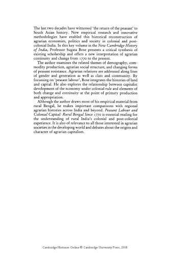 The New Cambridge History of India, Peasant Labour and Colonial Capital~ Rural Bengal since 1770