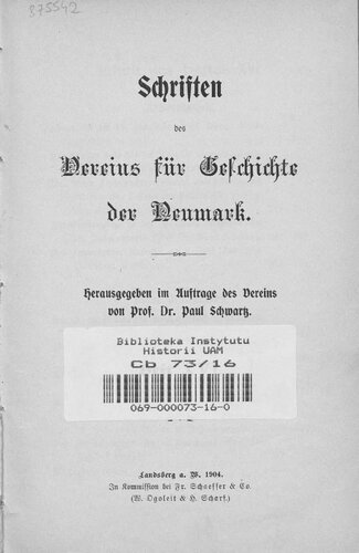 Schriften des Vereins für Geschichte der Neumark