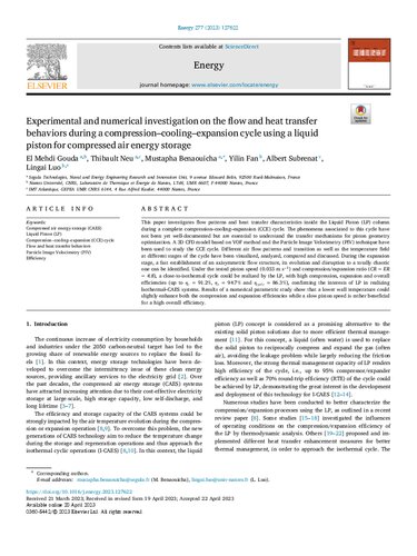Experimental and numerical investigation on the flow and heat transfer behaviors during a compression–cooling–expansion cycle using a liquid piston for compressed air energy storage