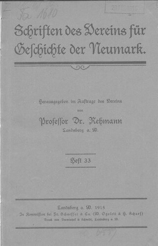 Schriften des Vereins für Geschichte der Neumark