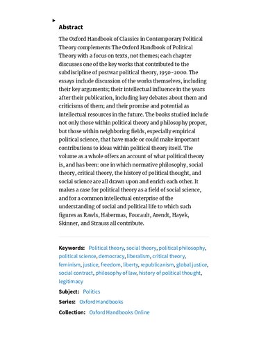 The Oxford Handbook of Classics in Contemporary Political Theory