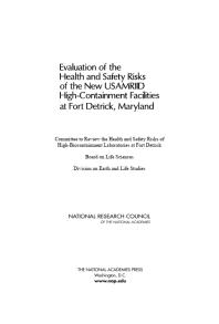 Evaluation of the Health and Safety Risks of the New USAMRIID High-Containment Facilities at Fort Detrick, Maryland