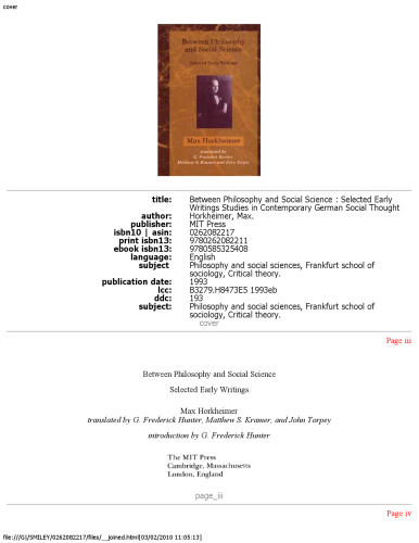 Between Philosophy and Social Science: Selected Early Writings