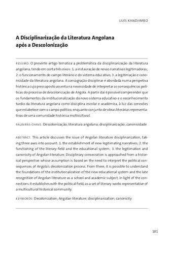 A Disciplinarização da Literatura Angolana  após a Descolonização