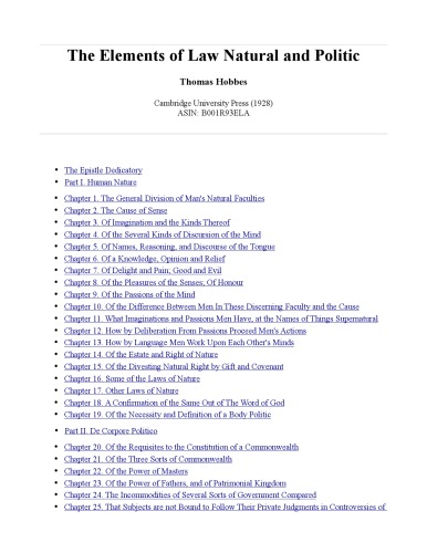 The Elements of Law: Natural and Politic