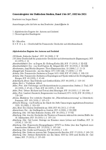 Generalregister der Baltischen Studien, Band 1 bis 107, 1832 bis 2021