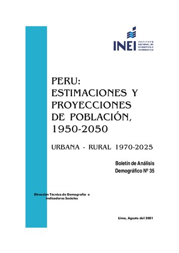 Perú: Estimaciones y proyecciones de población, 1950-2050. Urbana - rural 1970 - 2025