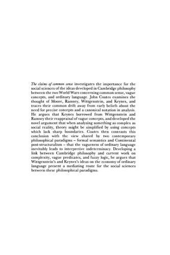 The Claims of Common Sense: Moore, Wittgenstein, Keynes and the Social Sciences