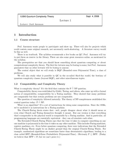 Quantum Complexity Theory: Lecture Notes