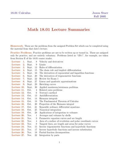 Single Variable Calculus: Lecture Notes