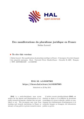 Des manifestations du pluralisme juridique en France: L’émergence d’un droit français des minorités nationales. Thèse pour l’obtention du grade de Docteur en Droit public