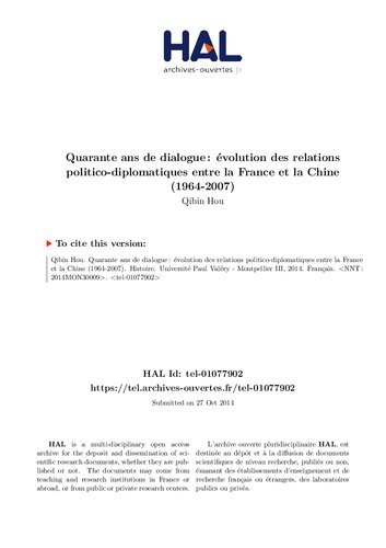 Quarante ans de dialogue: évolution des relations politico-diplomatiques entre la France et la Chine (1964-2007)