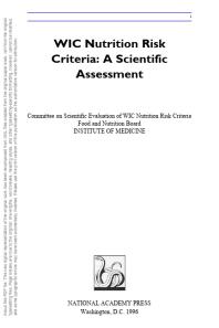WIC Nutrition Risk Criteria: A Scientific Assessment