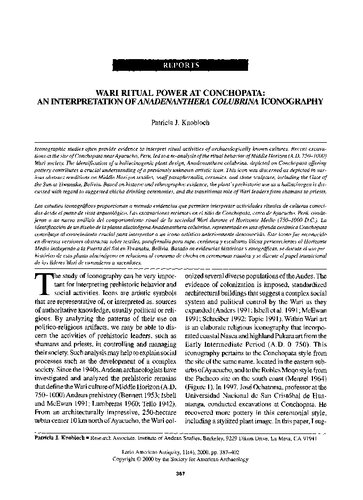 Patricia Knobloch: Wari Ritual Power at Conchopata: An Interpretation of Anadenanthera Colubrina Iconography.