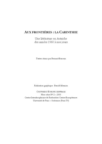 AUX FRONTIÈRES : LA CARINTHIE Une littérature en Autriche des années 1960 à nos jours