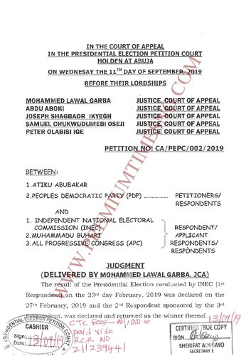 Presidential election tribunal result of 2019 Nigeria election