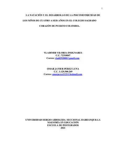 La natación y el desarrollo de la psicomotricidad de los niños de cuatro a seis años en el colegio sagrado corazón de puerto colombia