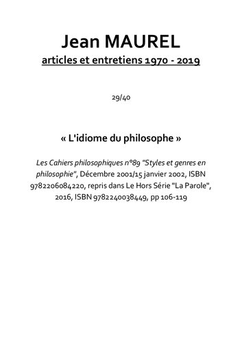 Cahiers philosophiques N° 89 Décembre 2001 : Styles et genres en philosophie