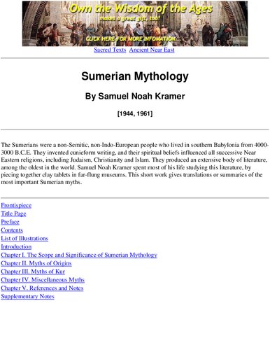 Sumerian Mythology. A Study of Spiritual and Literary Achievement in the Third Millennium B.C.