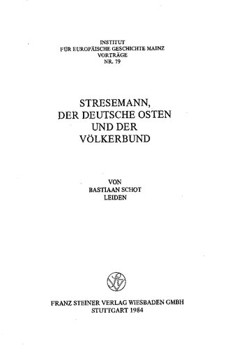 Stresemann, der deutsche Osten und der Völkerbund