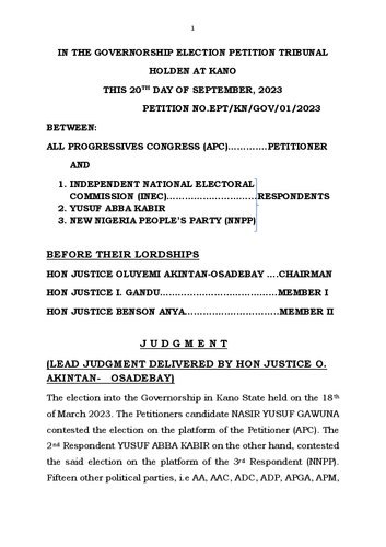 Kano Tribunal Judgement 2023 Governor Election