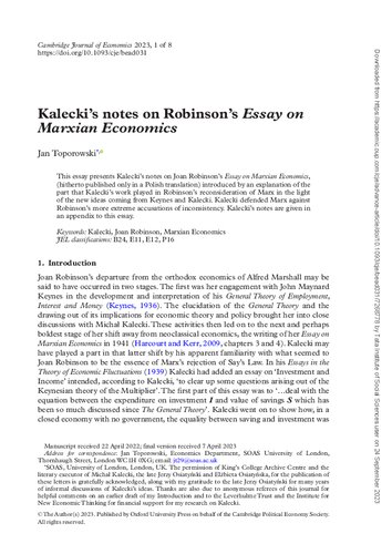 Kalecki’s notes on Robinson’s Essay on  Marxian Economic