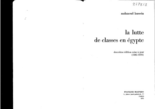 La lutte de classes en Egypte : deuxieme edition mise a jour (1945 a 1970)