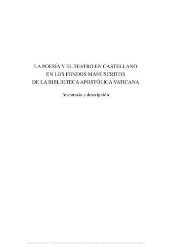 La poesía y el teatro en castellano en los fundos manuscritos de la Biblioteca Apostólica Vaticana. Inventario y descripción