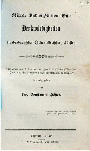 Ritter Ludwigs von Eyb Denkwürdigkeiten brandenburgischer (hohenzollerscher) Fürsten