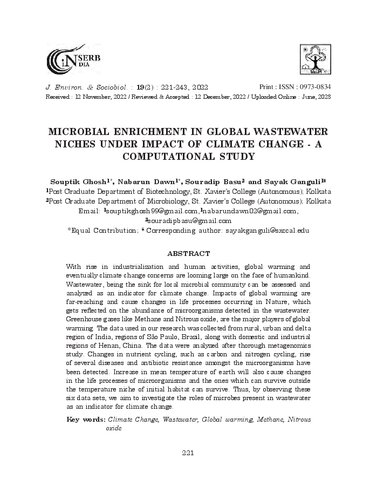 MICROBIAL ENRICHMENT IN GLOBAL WASTEWATER NICHES UNDER IMPACT OF CLIMATE CHANGE - A COMPUTATIONAL STUDY
