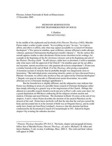 Marsilio Ficino on Reminiscentia and the Transmigration of Souls