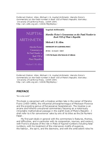 Nuptial Arithmetic: Marsilio Ficino's Commentary on the Fatal Number in Book VIII of Plato's Republic.