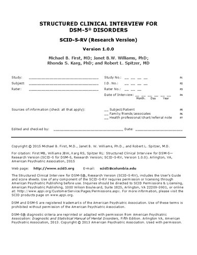 SCID 5-RV Structured Clinical Interview for DSM 5 Diagnoses Research Version