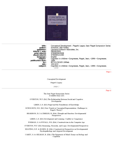 Conceptual Development: Piaget's Legacy (Jean Piaget Symposium Series)