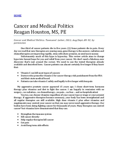 Cancer and Vitamins ( Orthomolecular Medicine )
