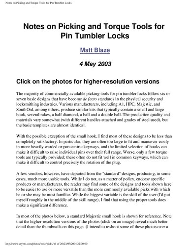 Notes on Picking and Torque Tools for Pin Tumbler Locks