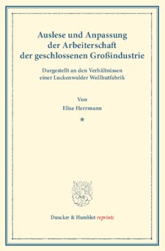 Auslese und Anpassung der Arbeiterschaft der geschlossenen Großindustrie. Dargestellt an den Verhältnissen einer Luckenwalder Wollhutfabrik: Untersuchungen über Auslese und Anpassung (Berufswahl und Berufsschicksal) der Arbeiter in den verschiedenen Zweigen der Großindustrie. Dritter Band, vierter Teil. (Schriften des Vereins für Sozialpolitik 135/IV)