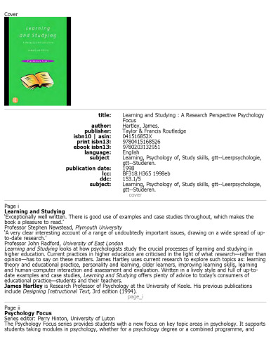 Learning and Studying: A Research Perspective