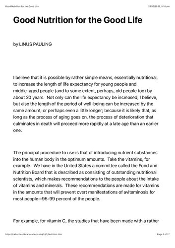 Linus Pauling : Good nutrition for the good life